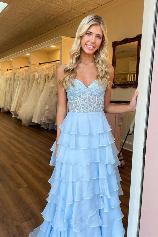 Sweetheart Lace Corset Long Chiffon Prom Dresses