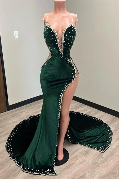 Mermaid V-neck spaghetti strap beaded high-slit floor-length sleeveless Prom dresses