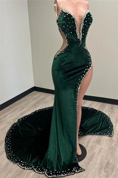 Mermaid V-neck spaghetti strap beaded high-slit floor-length sleeveless Prom dresses