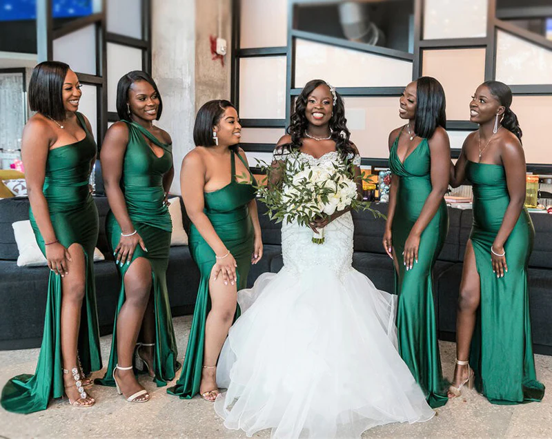 Mismatchy Emerald Green Sexy Side-Slit Mermaid Long Bridesmaid Dresses,BD930828