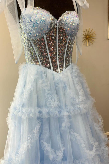 A Line Sweetheart Blue Ruffled Tulle Prom Dresses