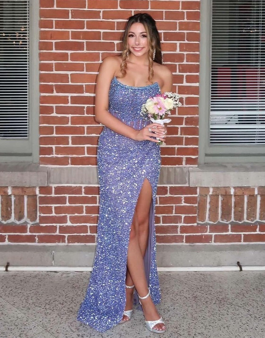 Scoop Neck Gold Sequins Slit Mermaid Prom Dresses