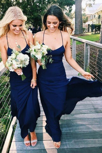 Chiffon Spaghetti Straps Simple Navy Blue Bridesmaid Dresses