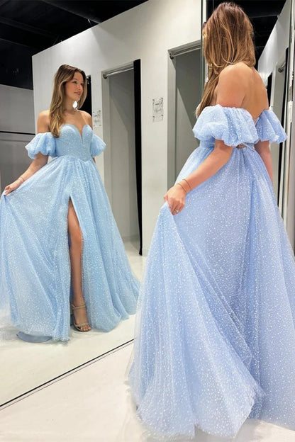 A Line Sweetheart Tulle Light Blue Prom Dresses with Sleeves