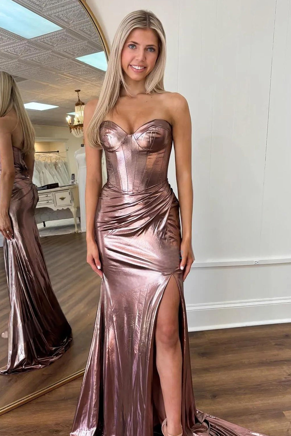 Fashion Sweet Mermaid Brown Satin Sparkly Prom Dresses