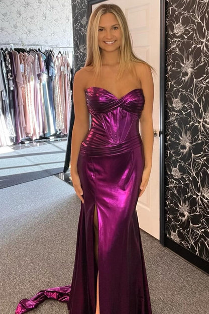 Sweetheart Purple Slit Long Mermaid Formal Prom Dresses