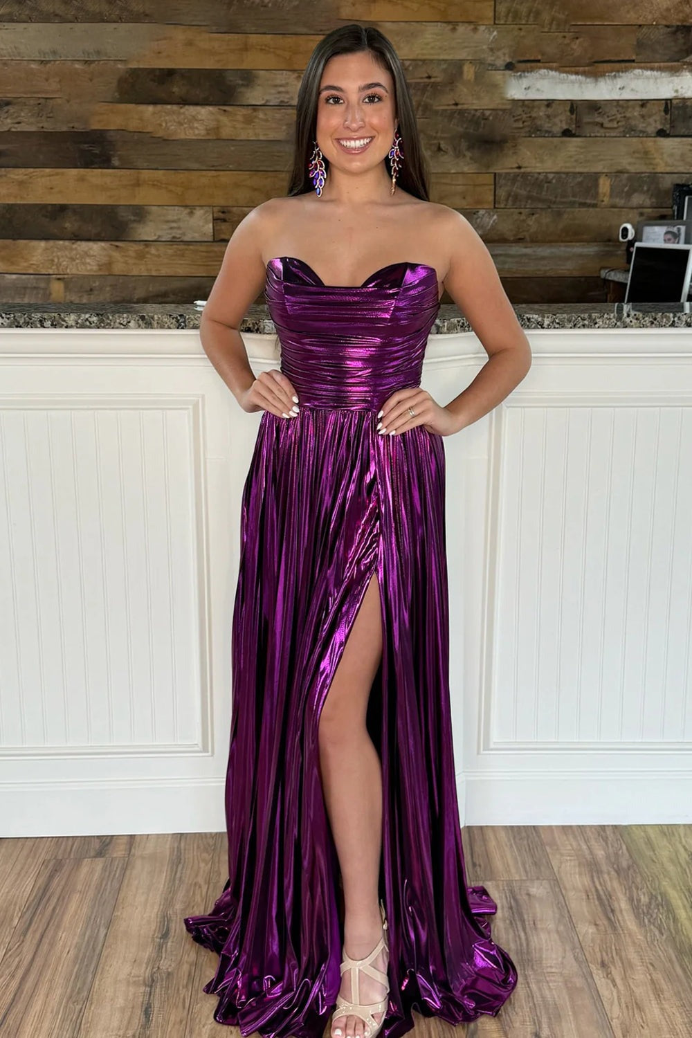 A Line Strapless Metallic Satin Pleated Prom Dresses