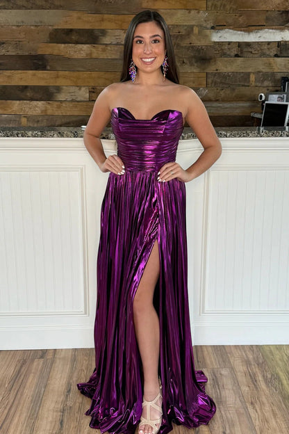 A Line Strapless Metallic Satin Pleated Prom Dresses