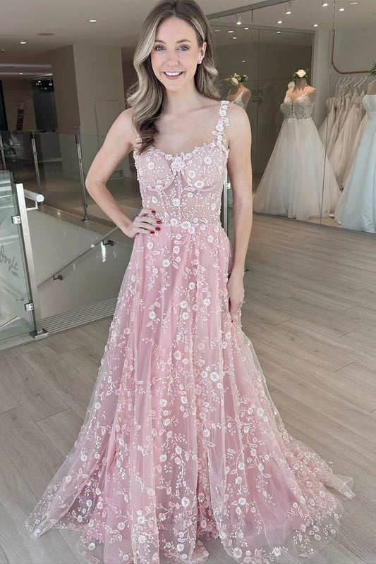 A Line Sweetheart Tulle Long Pink Lace Prom Dresses