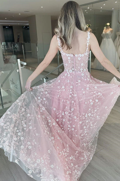 A Line Sweetheart Tulle Long Pink Lace Prom Dresses