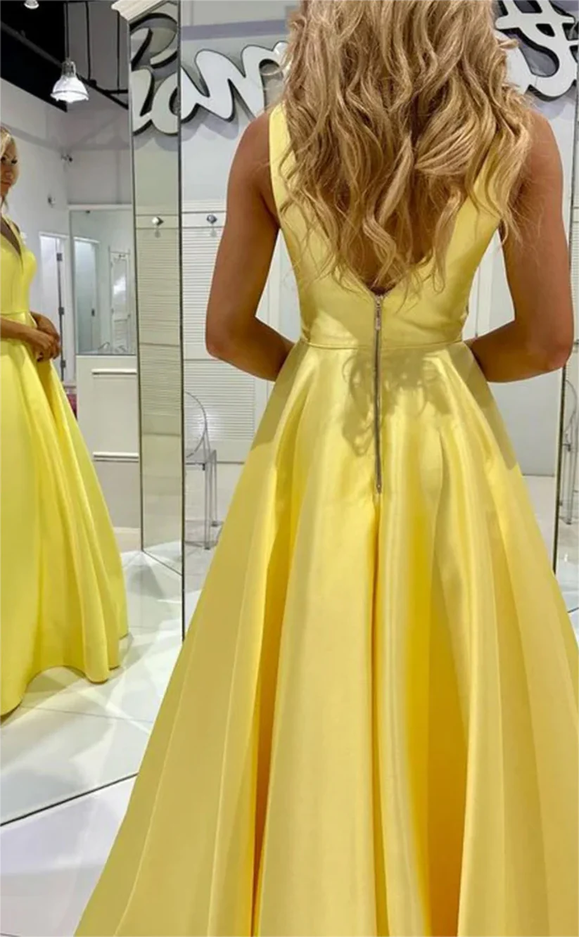 A-Line Satin Long V Neck Prom Dresses Sleeveless Formal Party Dress