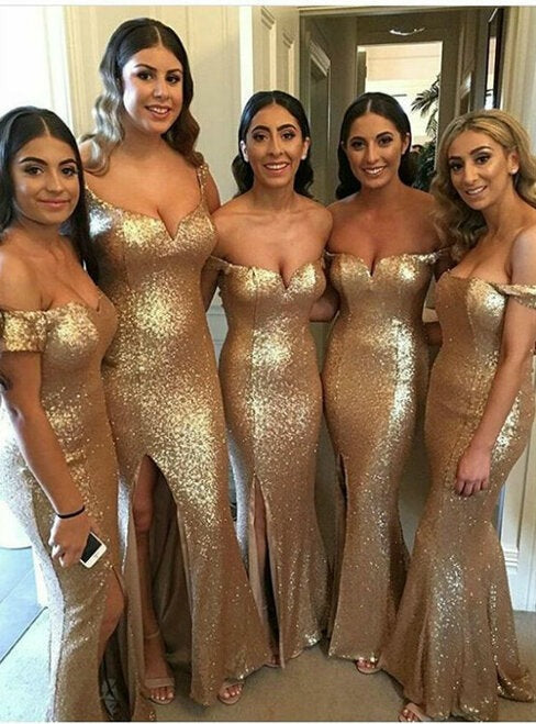 Hot Off The Shoulder Gold Sequin Mermaid Bridesmaid Dresses