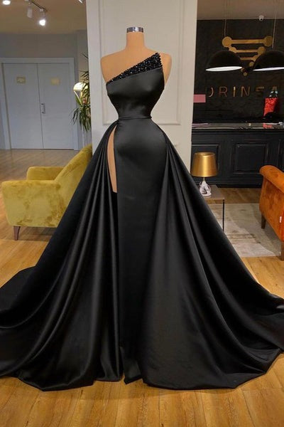 Sexy black beaded long slit prom dresses on sale