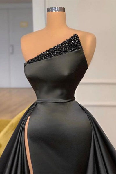 Sexy black beaded long slit prom dresses on sale