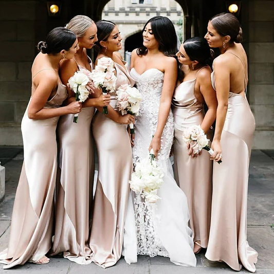 Sexy Champagne Open Back Pleats Mermaid Long Bridesmaid Dresses