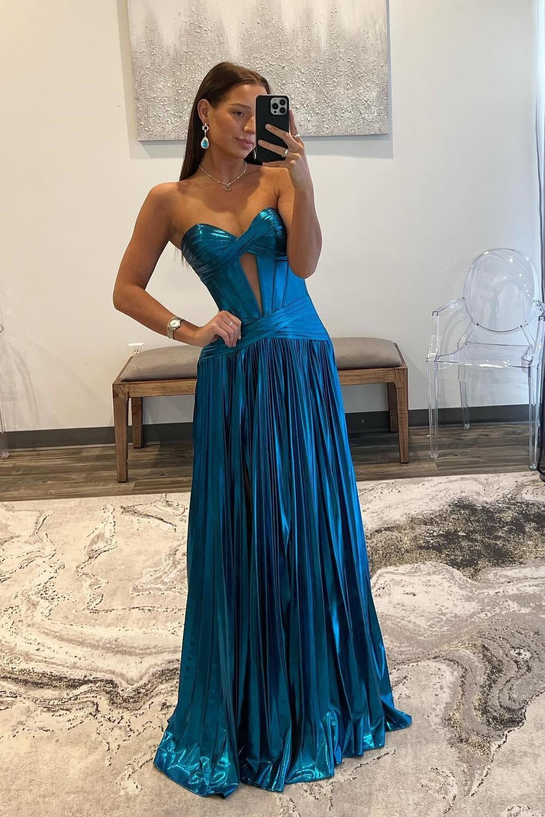 A Line Turquoise Sweetheart Metallic Pleated Prom Dresses