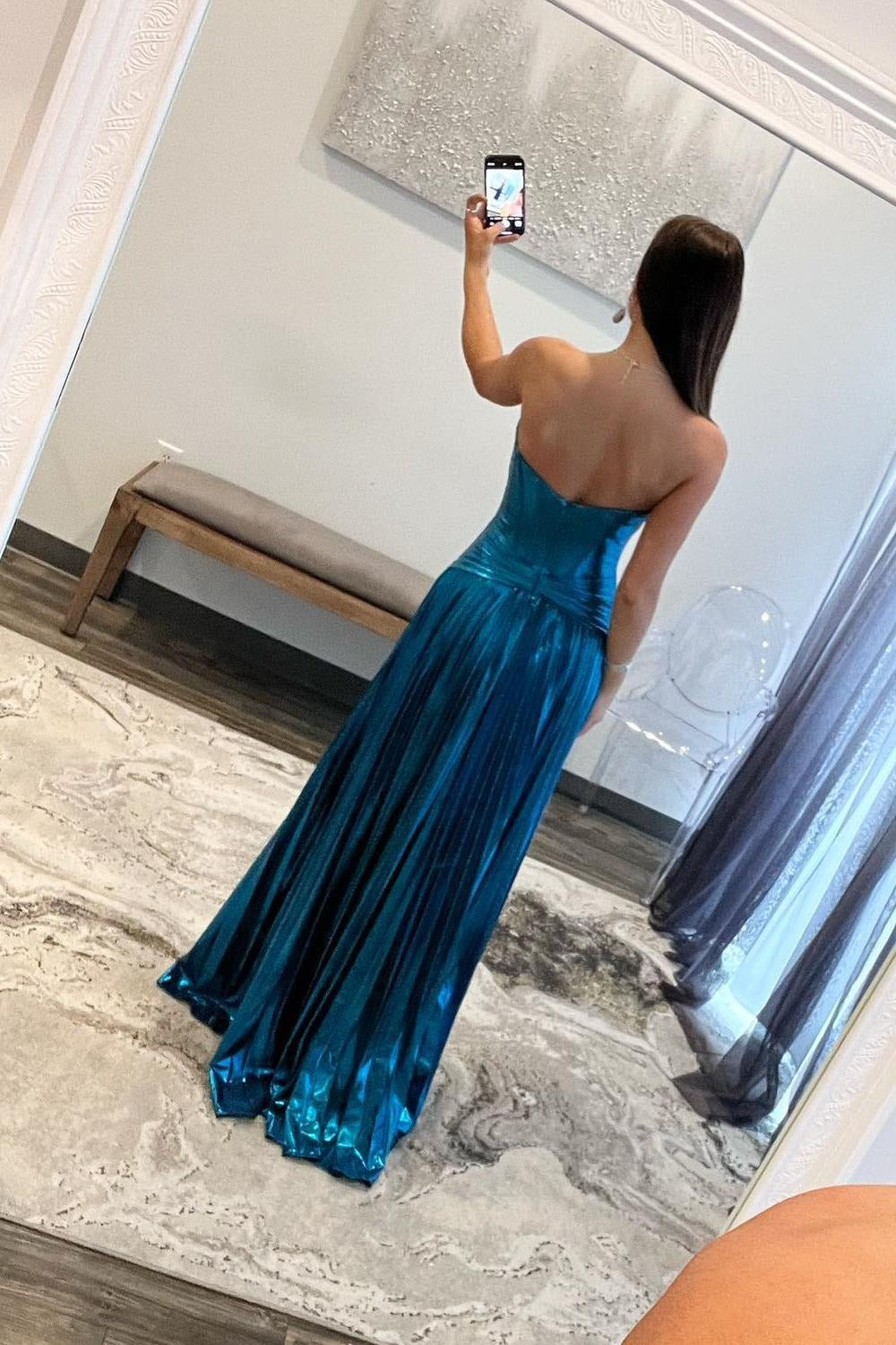 A Line Turquoise Sweetheart Metallic Pleated Prom Dresses