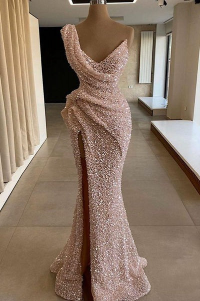 Sparkling one-shoulder sleeveless sequined mermaid Prom Dresses,BD93381