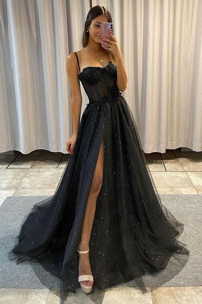 Sparkling Spaghetti Strap Black A-Line Princess Tulle Prom Dresses