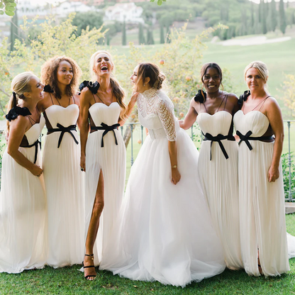 Unique Blue And Ivory Sweetheart Pleats Side-Slit A-Line Long Bridesmaid Dress