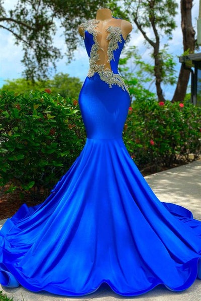 V-neck mermaid appliqué lace sequin backless one-shoulder floor-length sleeveless Prom dresses