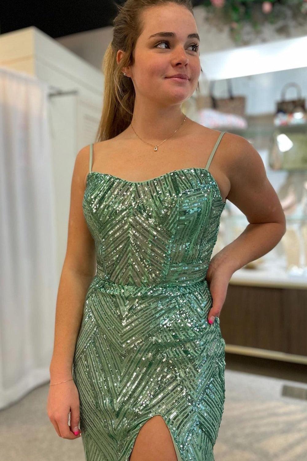 Sparkly Sage Green Sequins Mermaid Mermaid Prom Dresses