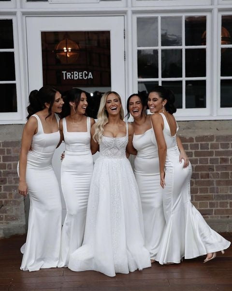 Mermaid Square Floor Length White Satin Bridesmaid Dresses Wedding Guest Dress