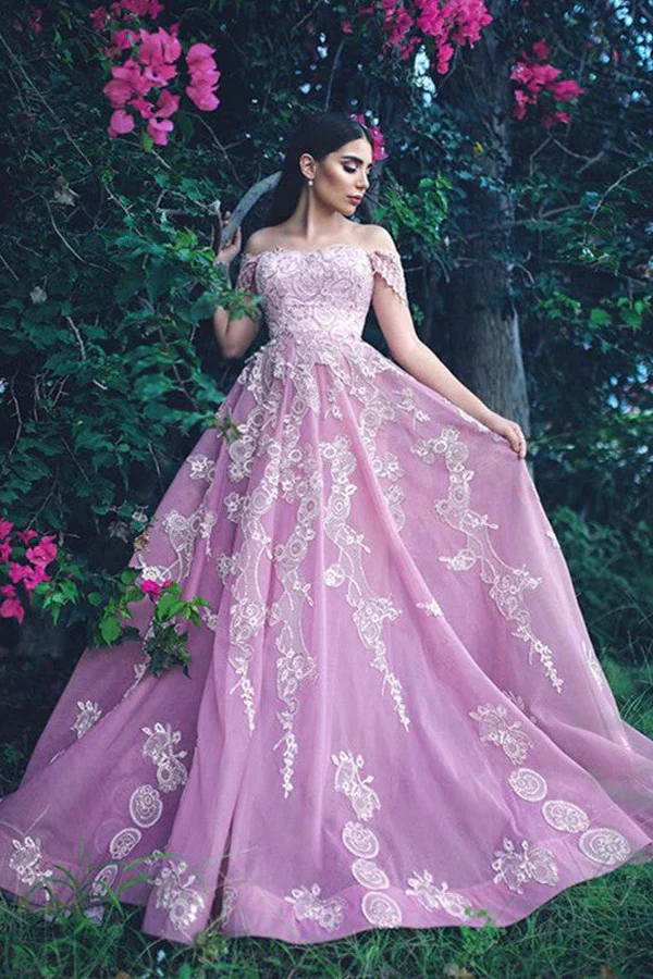 Off The Shoulder Tulle Prom Dresses Ball Gown With Lace Appliques