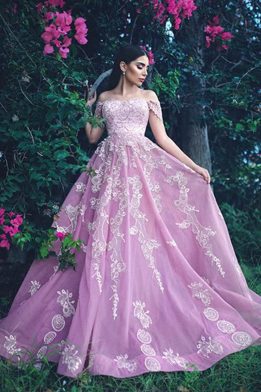 Off The Shoulder Tulle Prom Dresses Ball Gown With Lace Appliques