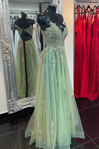 A Line Mint Green Tulle Prom Dresses With Appliques