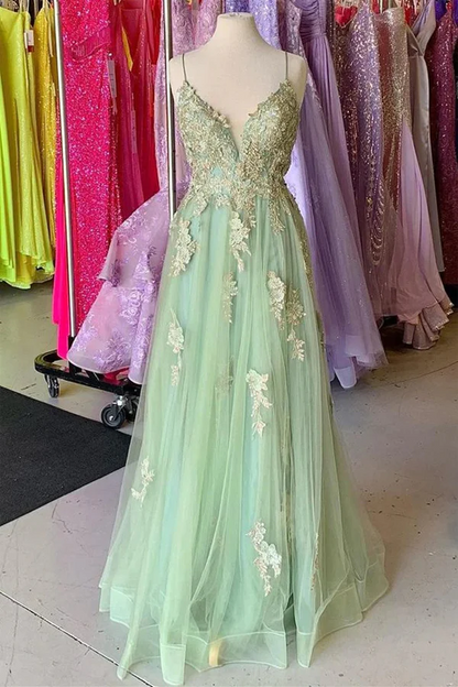 A Line Mint Green Tulle Prom Dresses With Appliques