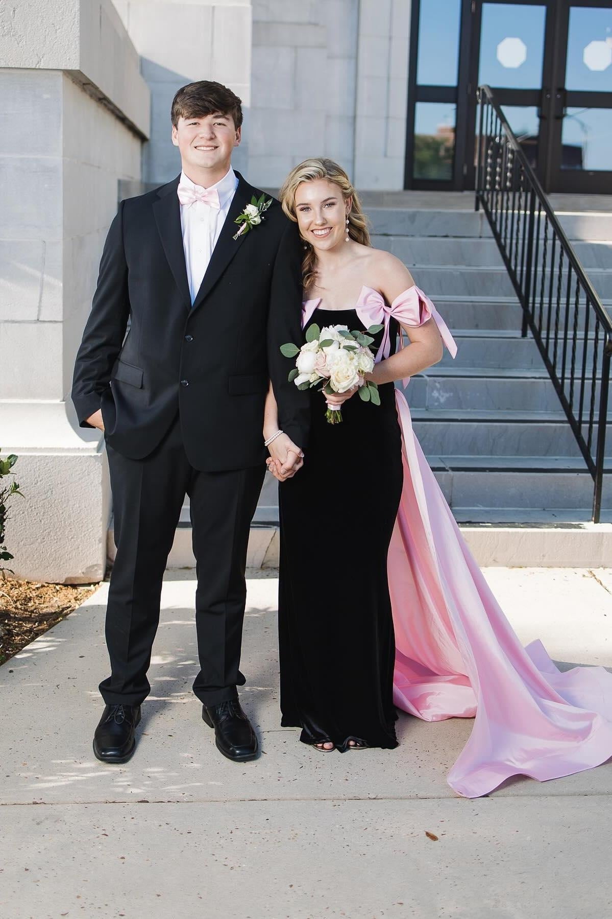 Mermaid Strapless Black Satin Long Prom Dresses with Pink Bows