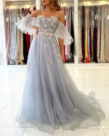 Vintage Long Tulle Evening Prom Dress Online With Appliques