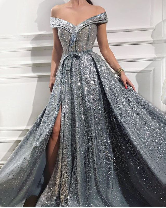 Glittery Off The Shoulder Sequins Front-Split Ruffles Prom Dresses