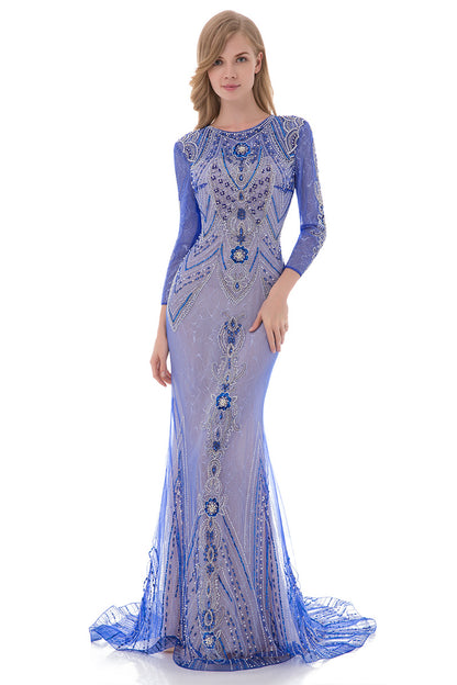 Modest Long Sleeves Royal Blue Lace Long Evening Dress