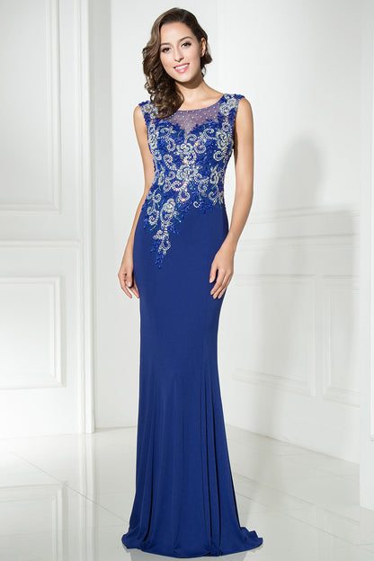 Royal Blue Formal Long Simple Beaded Evening Dress