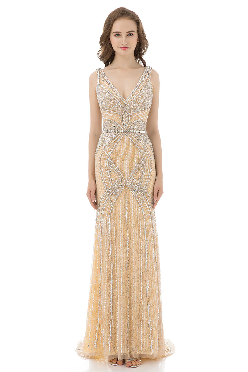 V-neck Gold Luxury Long Evening Dress Formal Prom Dress