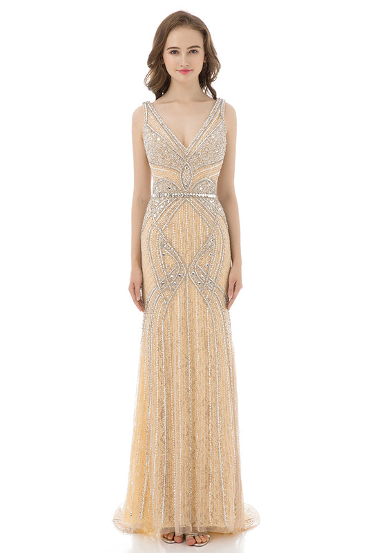 V-neck Gold Luxury Long Evening Dress Formal Prom Dress