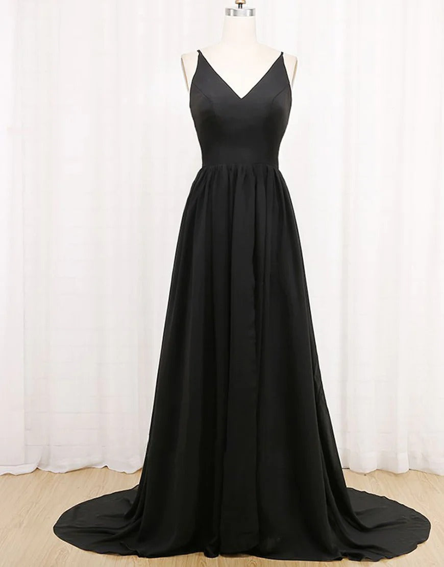 A Line Long Black Prom Dresses with Split