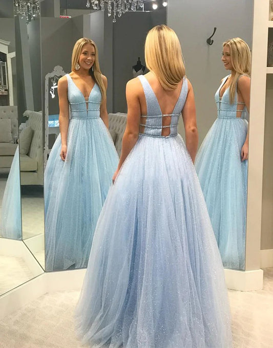 Light Blue Tulle V Neck Long Prom Dresses