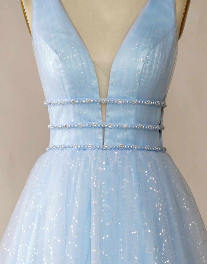 Light Blue Tulle V Neck Long Prom Dresses