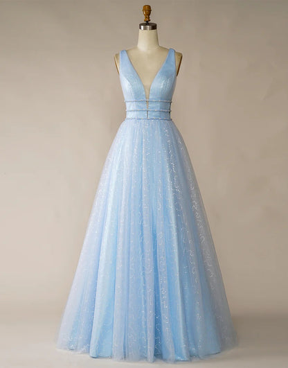 Light Blue Tulle V Neck Long Prom Dresses