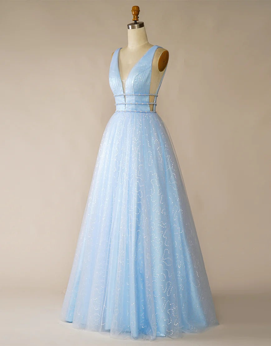 Light Blue Tulle V Neck Long Prom Dresses