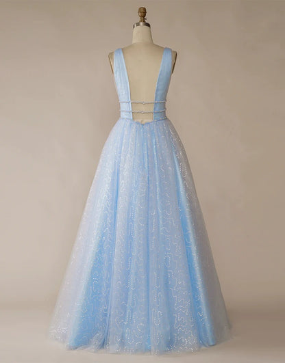 Light Blue Tulle V Neck Long Prom Dresses