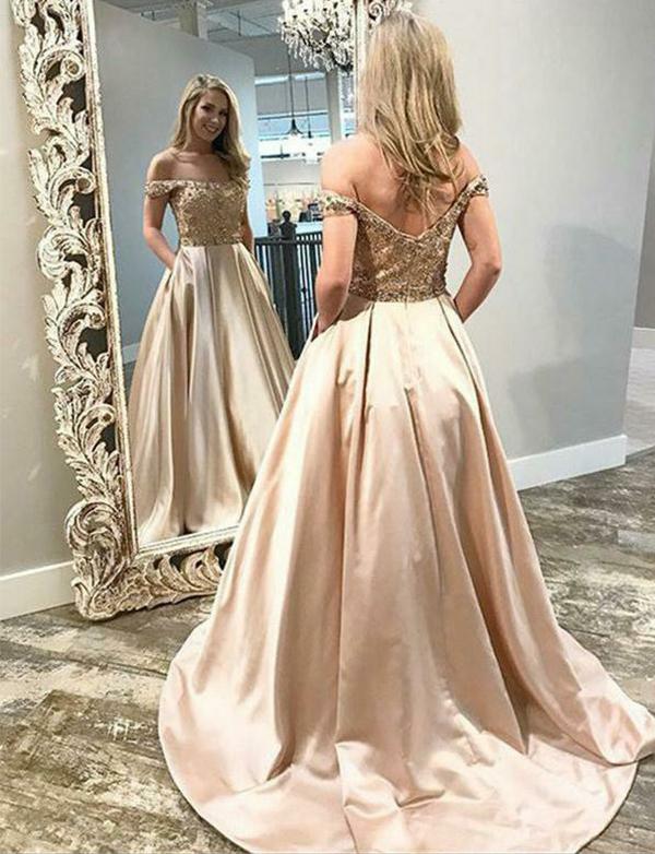 off the shoulder long prom dress, A-line beaded  prom dress