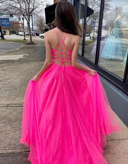 A Line Long Lace Up Back Senior Pink Prom Dresses