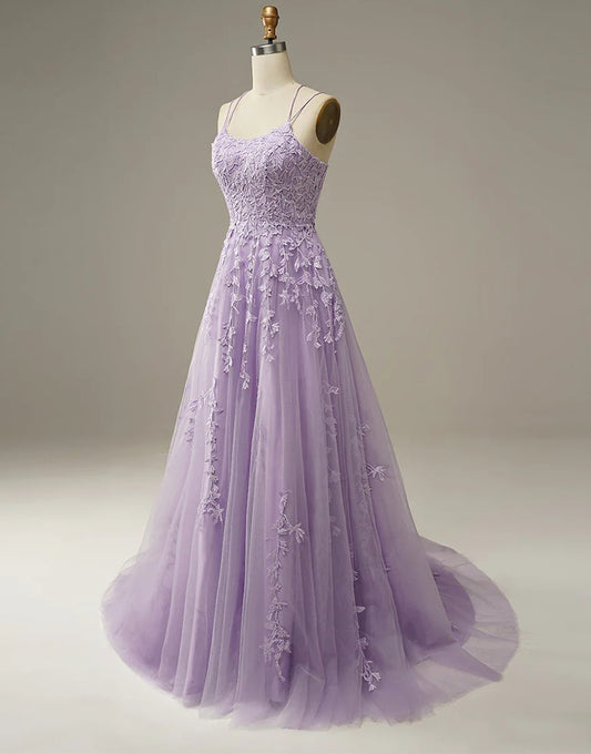 A-Line Long Lilac Prom Dresses with Applique