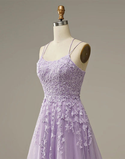 A-Line Long Lilac Prom Dresses with Applique