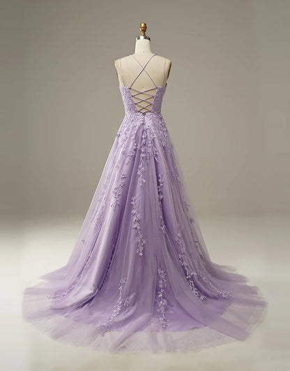 A-Line Long Lilac Prom Dresses with Applique