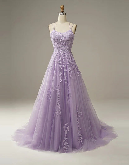 A-Line Long Lilac Prom Dresses with Applique